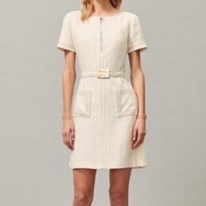 Tory Burch Cream Short Sleeve linen belted shift Dress square patch pockets